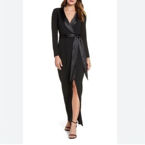 Eliza J Tuxedo Faux Wrap Long Sleeve Gown